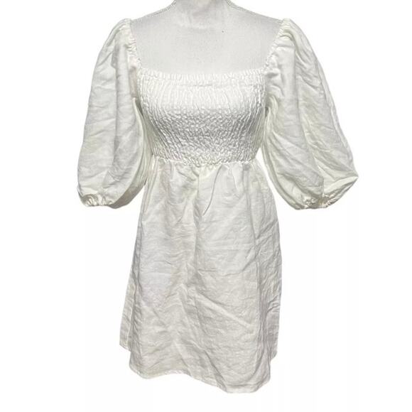 Tuckernuck Dress Puff Sleeve Linen Annie Smocked Mini White Women's Size Large - Picture 2 of 10
